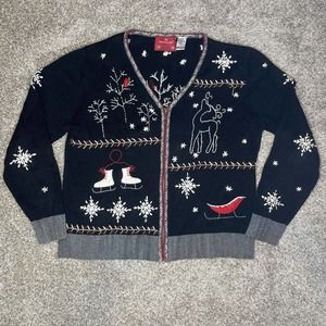 Holiday Lodge Medium 10 12 Christmas Winter Ice Skate Cardigan Sweater Zip Front